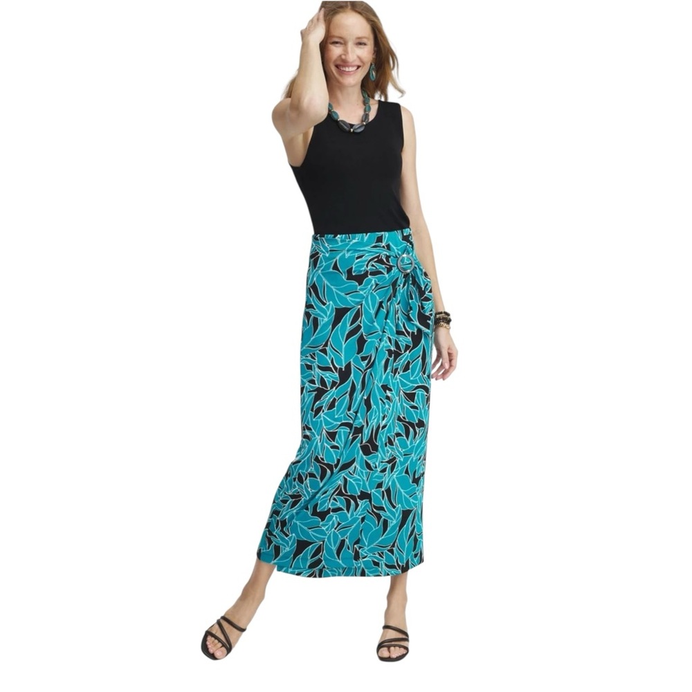 Chico's Traveler’s Faux Wrap Teal and Black Leaf Pattern Maxi Skirt (H-1)